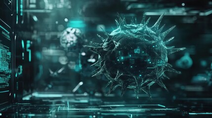 A digital hologram of virus, The futuristic dark background.