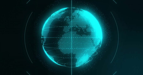 Glowing dots forming digital globe, showcasing global connectivity on black background