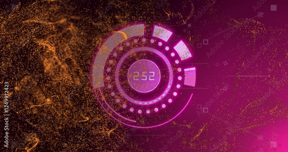 Poster image of circular digital interface with orange particles