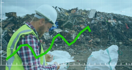 Green graph image over construction worker inspecting landfill site
