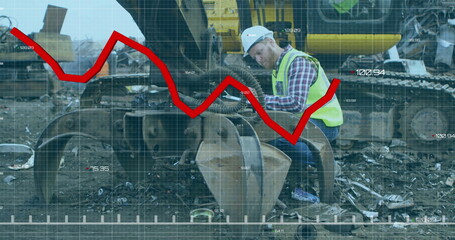 Declining stock market image over construction worker in industrial scrapyard