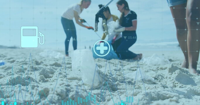 Cleaning beach, people collecting trash, health and environmental data image over scene