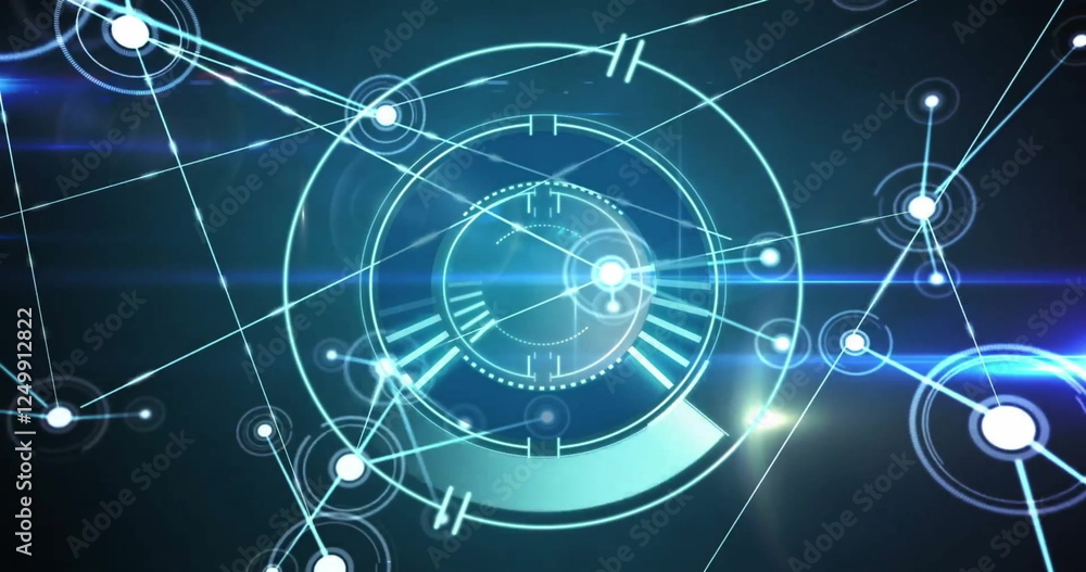 Poster image of circular scanner processing over networks and blue lights on dark background