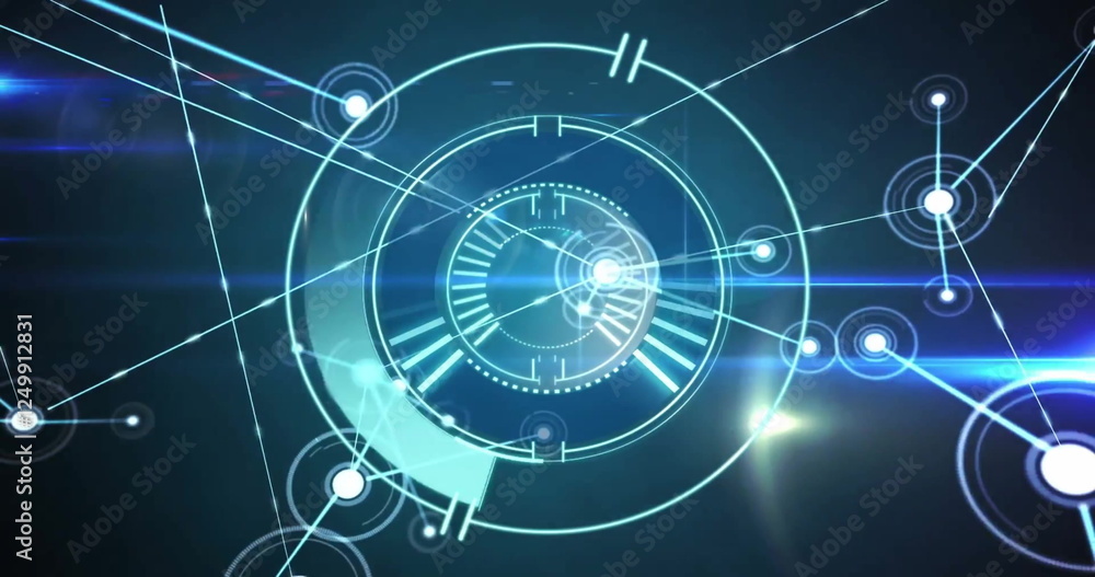 Aufkleber image of circular scanner processing over network and blue lights on dark background