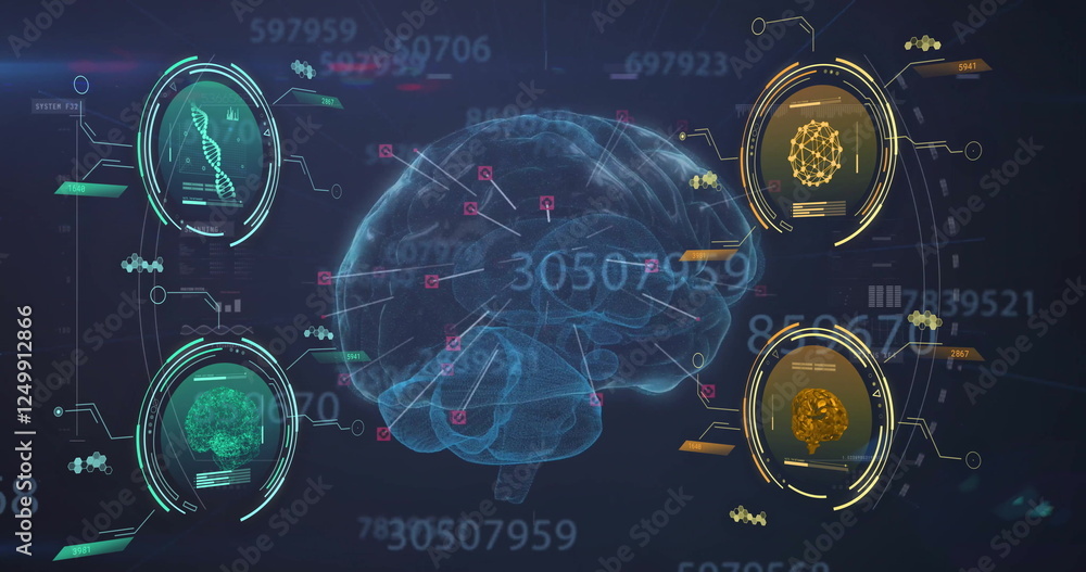 Poster image of brain and four scanners with dna, brain and networks over processing data