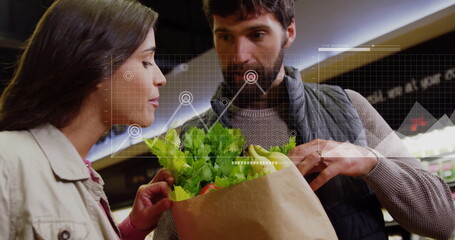 Analyzing grocery shopping data image over couple examining fresh produce in store