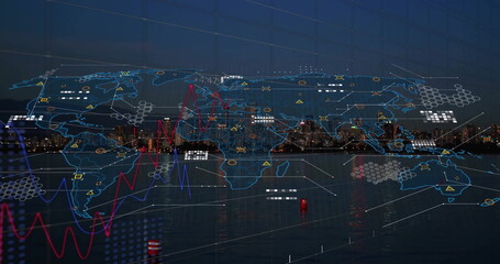 Image of world map with data processing over cityscape