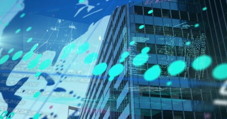 Image of financial data processing with world map over modern office building