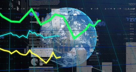 Image of financial data processing over globe
