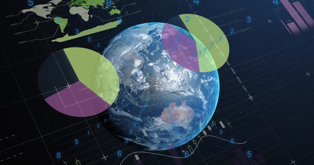 Image of financial data processing over globe