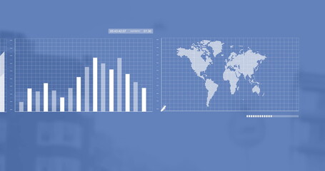 Image of interface screens with charts processing data moving on blue background