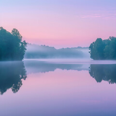 Peaceful Lakeside Dawn with Misty Reflection and Serene Atmosphere
