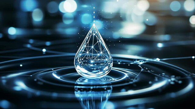 Captivating water droplet creates ripples on a digital surface in a futuristic setting