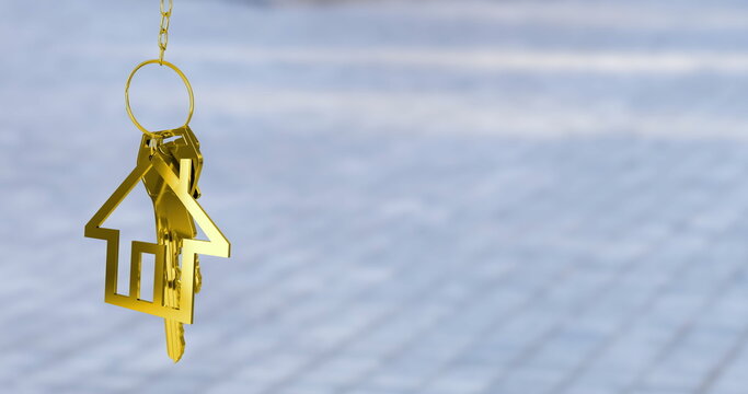 Golden house-shaped keychain image over blurred background