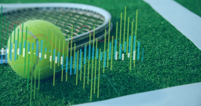 Tennis racket and ball on grass court with data analysis image
