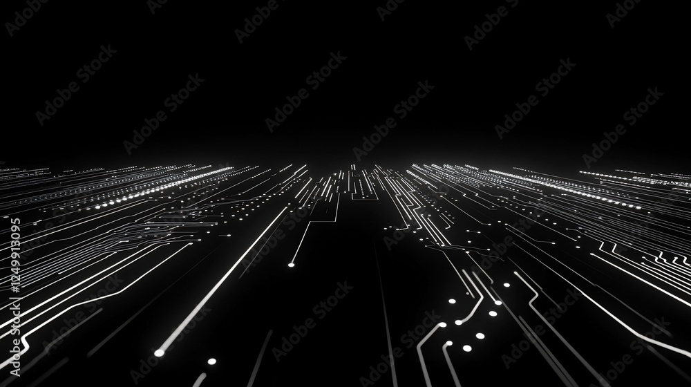 Aufkleber abstract digital circuit board with glowing lines receding into the distance.