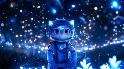 Cute cartoon cat in a spacesuit exploring a magical starry landscape at night with glowing flowers and twinkling lights generated  AI