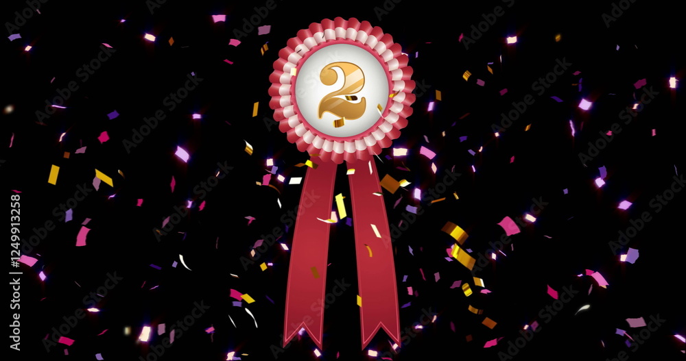 Poster image of red and white rosette with number 2 and falling confetti on black background