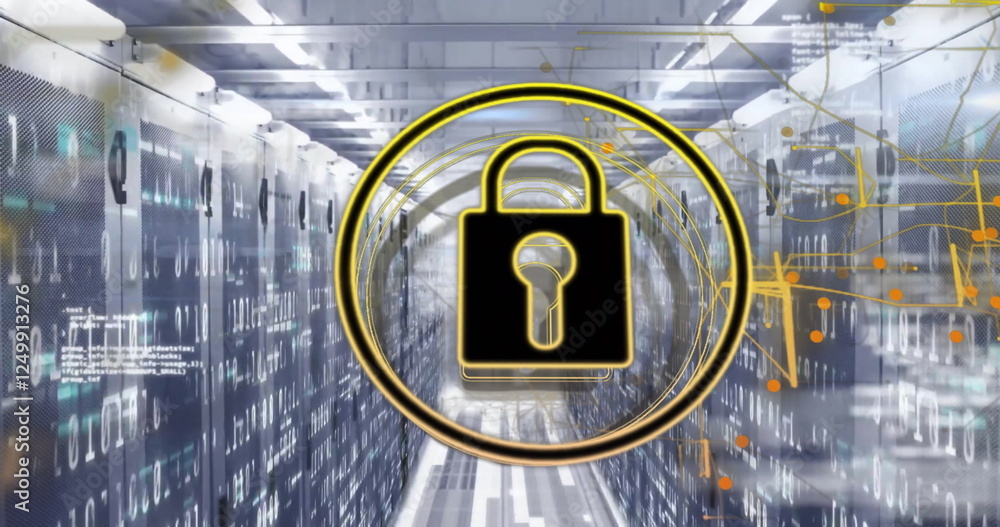 Aufkleber image of padlock icon and data processing over computer servers