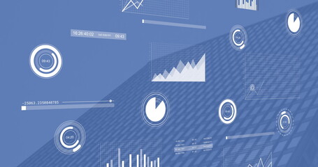 Image of scanners and charts processing data over blue office block background