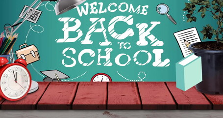 Obraz premium Image of falling books over welcome back to school text on green chalkboard background