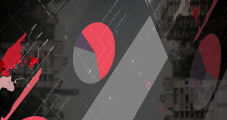 Image of financial data processing over cityscape