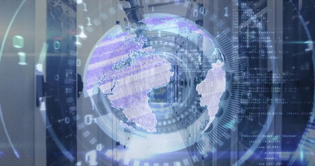 Image of scope scanning and globe with data processing over computer servers
