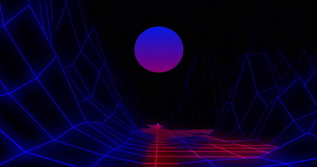 Naklejka premium Image of pink and blue moon over moving digital grid landscape on black background