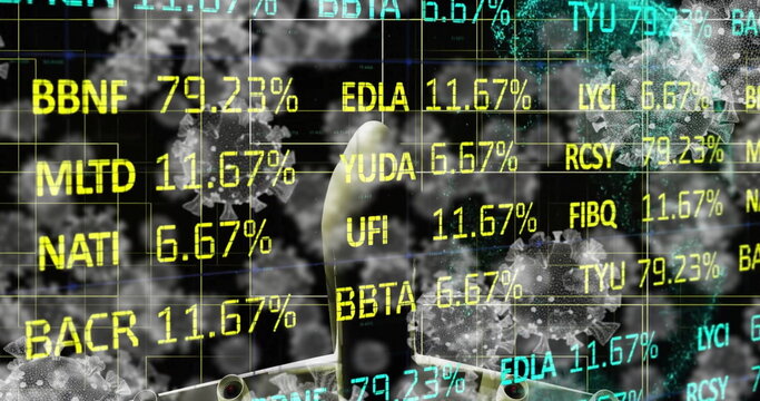 Image of financial data processing and virus cells