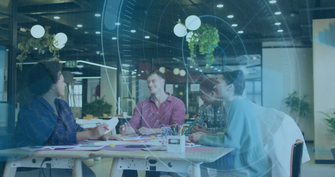 Image of scope and data processing over diverse business people in office