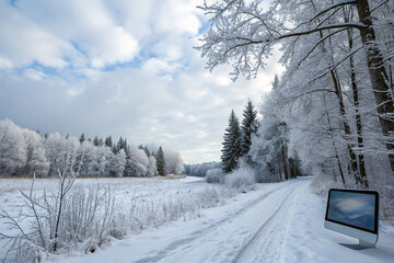 Winter landscape with computer monitor. Snowy road through frosted forest. Stock photo