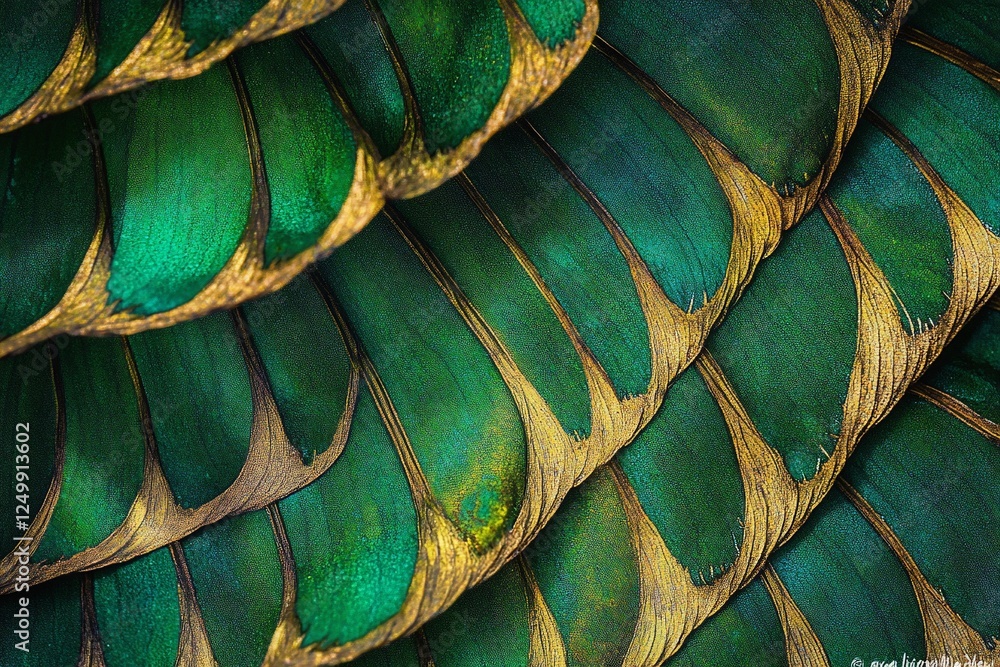 Poster close-up of vibrant green and gold overlapping feathers, creating a textured, scaly pattern.