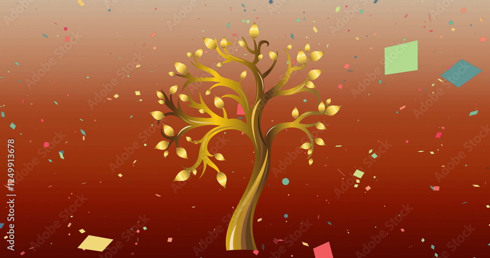 Poster image of confetti over tree on red background