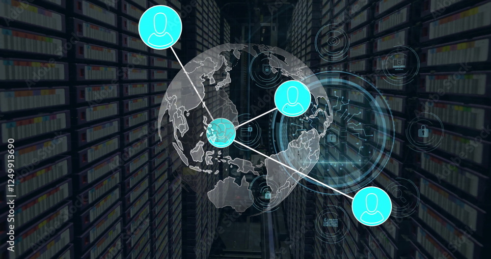 Poster image of connections with icons and digital data processing over computer servers