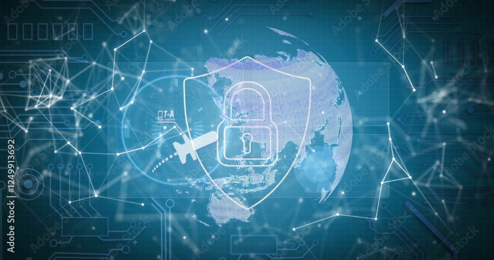Poster image of padlock, connections with icons and digital data processing over globe