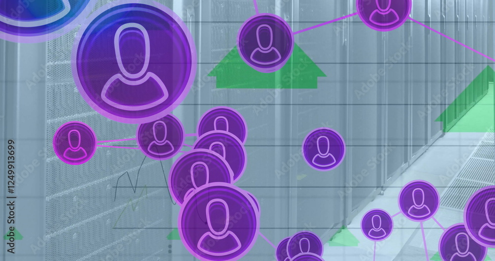 Poster image of connections with icons and digital data processing over computer servers