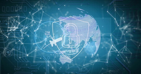 Image of padlock, connections with icons and digital data processing over globe