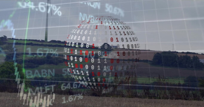 Image of globe with binary coding and digital data processing over wind turbine