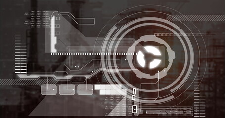 Image of data processing and scope scanning over cityscape background