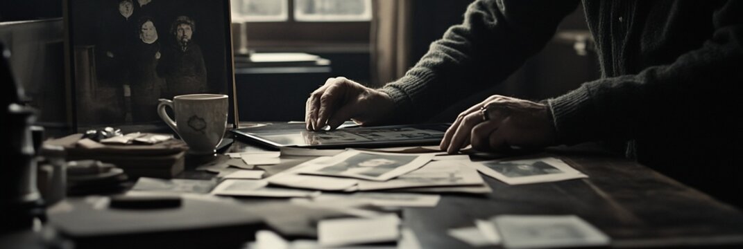 Person sorting through old photos and memories on a wooden desk.
