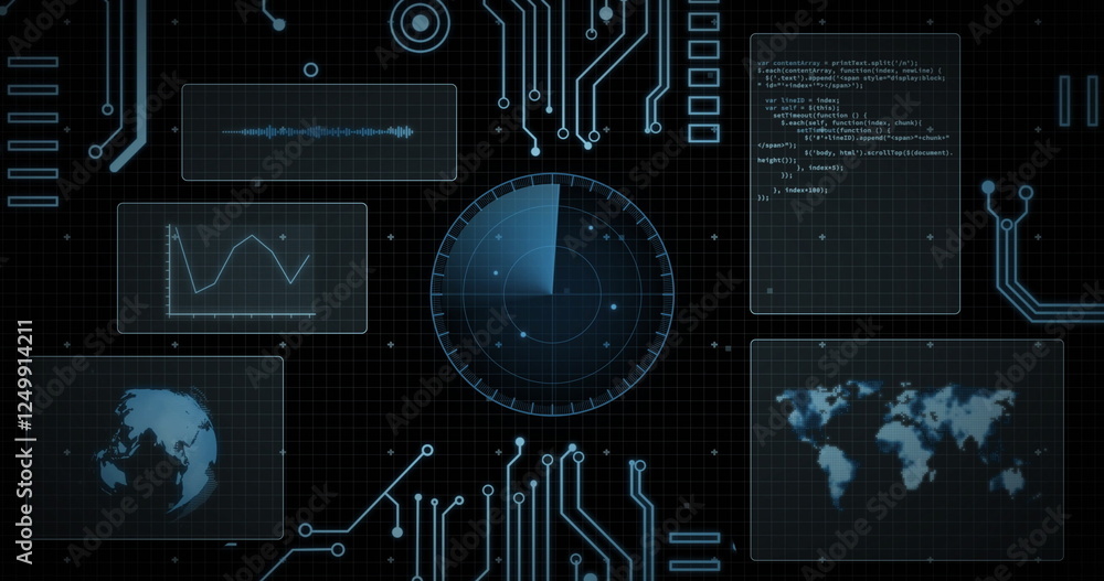 Aufkleber image of scope, circuit board and data processing over screens on black background