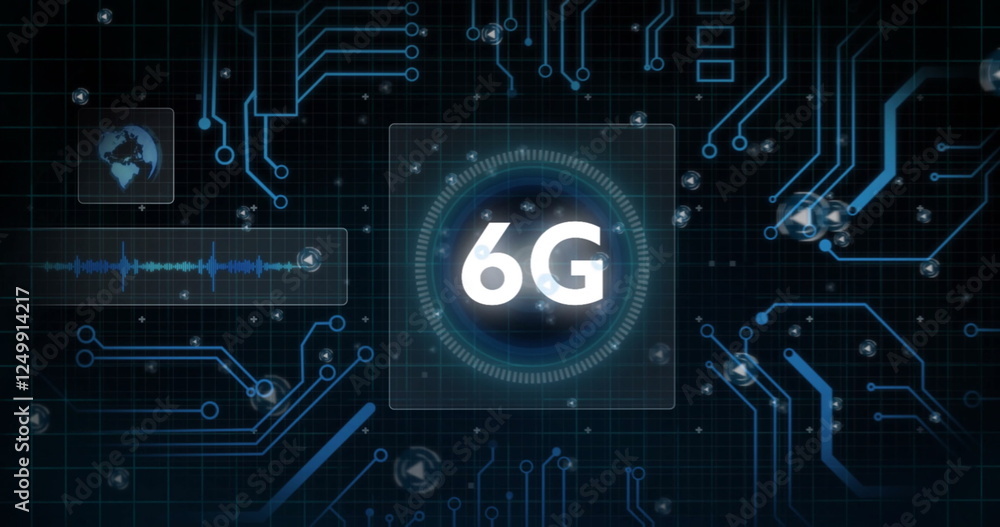Poster image of 6g text, circuit board and data processing over black background