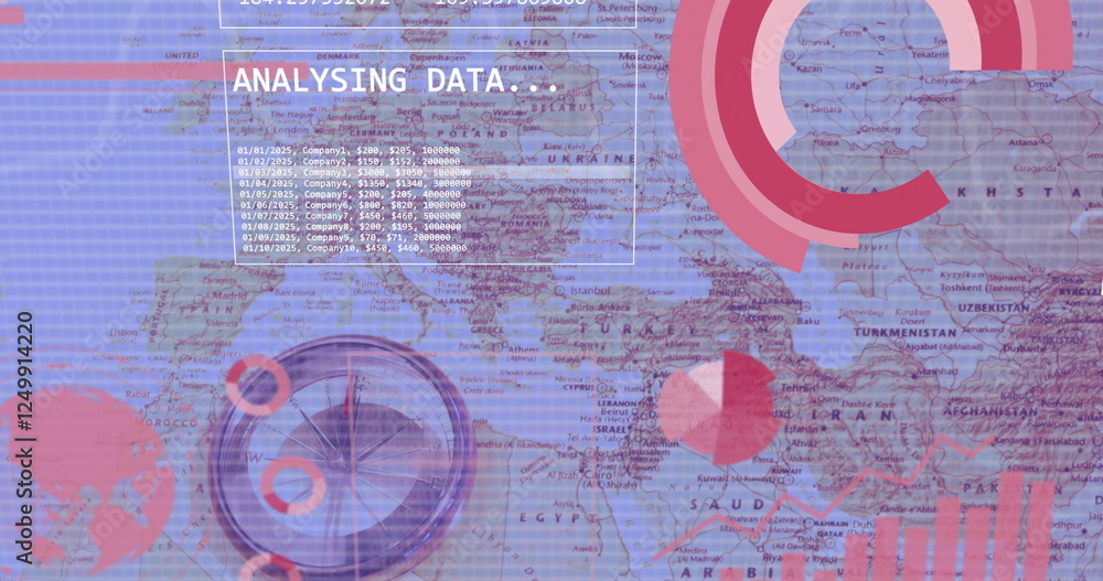 Poster image of diagrams and data processing over world map and compass