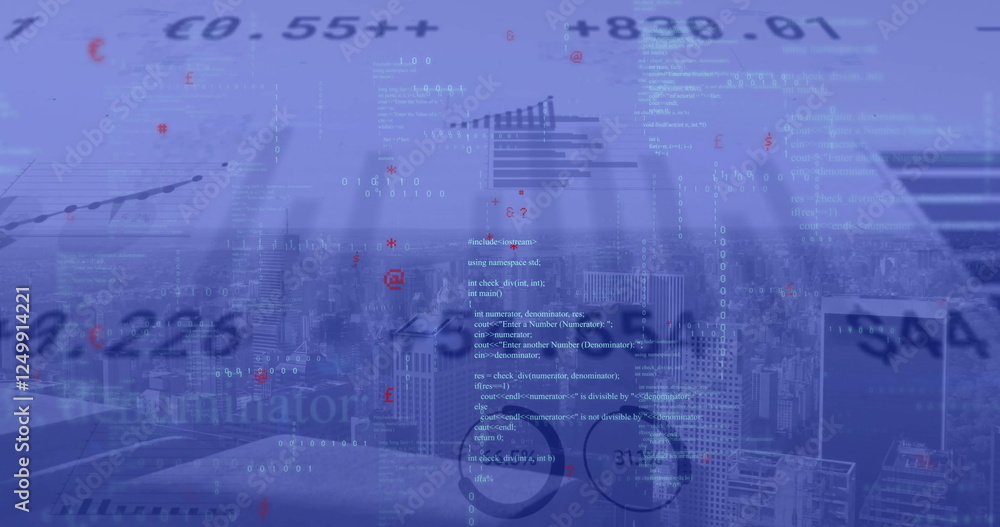 Poster image of diagrams and data processing over cityscape