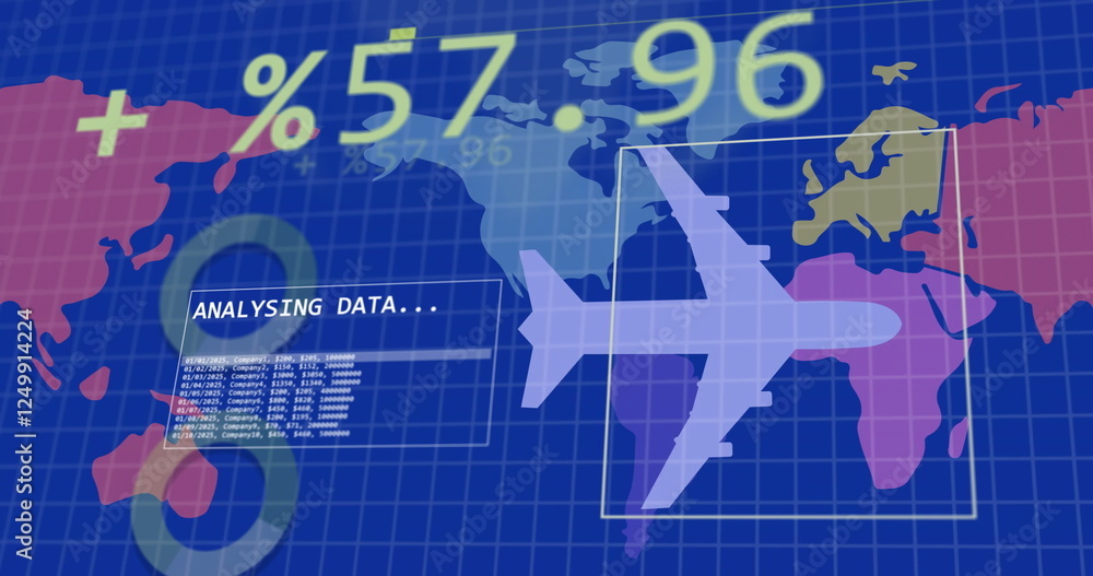 Poster image of diagrams and data processing over world map and plane