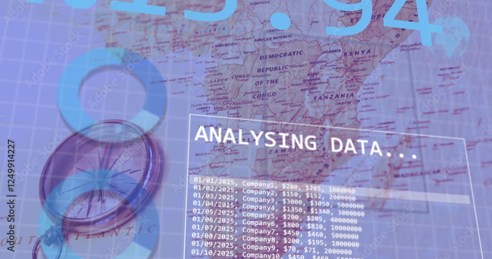 Poster image of diagrams and data processing over world map and compass