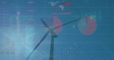 Image of financial data processing over wind turbine