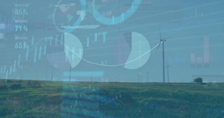 Image of financial data processing over wind turbines