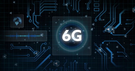 Image of 6g text, circuit board and data processing over black background
