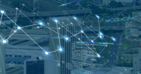 Image of connections over data processing and cityscape